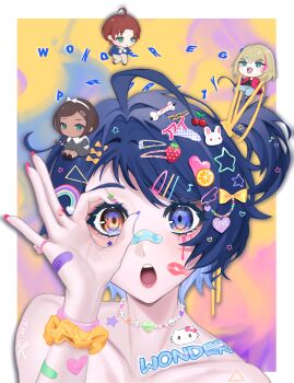 4girls :o absurdres aegyo_sal ahoge aonuma_neiru bandaid bandaid_on_arm bandaid_on_face bandaid_on_hand bandaid_on_nose blue_eyes blue_hair bow chibi chibi_on_head collarbone dark_blue_hair fake_nails food-themed_hair_ornament fruit_hair_ornament hair_bow hair_ornament hairclip heart heart-shaped_bandaid heart_hair_ornament heterochromia hexenmesser highres jewelry kawai_rika lipstick_mark looking_at_viewer makeup multiple_girls necklace ok_sign ok_sign_over_eye on_head ooto_ai orange_eyes pearl_necklace portrait runny_makeup sawaki_momoe scrunchie short_hair side_ponytail solo_focus star_(symbol) star_hair_ornament sticker swept_bangs teeth upper_teeth_only wonder_egg_priority wrist_scrunchie