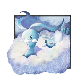 altaria beak bird closed_eyes closed_mouth cloud dragon evolutionary_line feathers fluffy fukyo gen_3_pokemon highres nintendo one_eye_closed open_mouth pokemon pokemon_(creature) pokemon_focus sky swablu white_feathers wings
