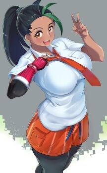 1girl black_hair breasts dark-skinned_female dark_skin elbow_gloves female_focus gloves green_hair grey_background highres large_breasts long_hair looking_at_viewer maki_ikazuya necktie nemona_(pokemon) nintendo open_mouth orange_necktie pokemon ponytail red_gloves school_uniform shiny_skin shirt shorts smile solo standing taut_clothes taut_shirt v white_shirt