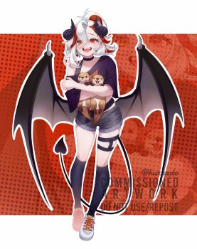 1girl absurdres animal black_choker black_shirt black_socks choker collarbone commentary commission demon_girl demon_horns demon_tail demon_wings english_commentary full_body grey_shorts hair_between_eyes heterochromia highres holding holding_animal horns kneehighs kuraedo letterboxed looking_at_viewer medium_hair open_mouth original otter outside_border red_eyes shirt shoes short_shorts shorts single_bare_shoulder smile sneakers socks solo tail watermark white_hair white_shoes wings yellow_eyes
