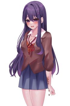 Rule 34 | 1girl, absurdres, arm behind back, blazer, bleeding, blood, blue skirt, blush, collared shirt, commentary request, cowboy shot, doki doki literature club, hair between eyes, hair over shoulder, highres, jacket, long hair, long sidelocks, looking at viewer, moeti0302, neck ribbon, nervous smile, orange vest, purple hair, ribbon, scar, scar on arm, self-harm, shirt, sidelocks, skirt, smile, solo, sweatdrop, vest, white shirt, wrist cutting, yuri (doki doki literature club)
