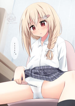 ... 1girl black_socks blonde_hair blush braid cat_hair_ornament collared_shirt commentary_request crotch_seam grey_skirt hair_ornament hair_over_shoulder highres holding holding_scissors long_hair long_sleeves open_mouth original paid_reward_available panties plaid_clothes plaid_skirt red_eyes ri-net scissors shirt side_braid signature sitting skirt socks solo speech_bubble spoken_ellipsis spread_legs underwear white_panties white_shirt