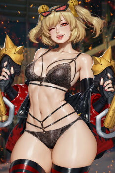 Rule 34 | 1girl, black bra, black panties, black thighhighs, blonde hair, bra, breasts, burnice white, cowboy shot, dual wielding, embers, eyewear on head, flame print, flamethrower, hair ornament, highres, holding, holding flamethrower, holding weapon, jacket, looking at viewer, medium breasts, navel, neoartcore, off shoulder, one eye closed, panties, print jacket, red-tinted eyewear, red eyes, red nails, solo, stomach, sunglasses, thighhighs, tinted eyewear, two side up, underwear, underwear only, weapon, zenless zone zero