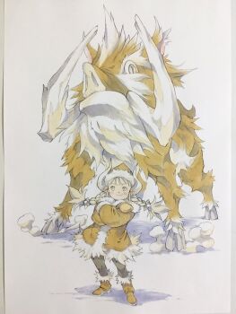 1girl animal black_pantyhose blonde_hair boar boots braid brown_boots brown_coat brown_hat child closed_mouth coat commentary_request crossed_arms fur-trimmed_boots fur-trimmed_coat fur-trimmed_headwear fur_trim hat horns looking_at_viewer medium_hair original oversized_animal pantyhose peter_salt smile standing traditional_media tusks twin_braids twintails yellow_eyes