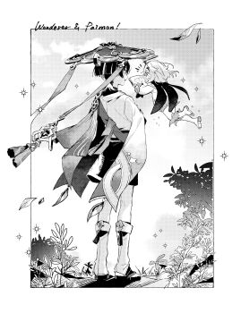 1boy 1girl absurdres aiwo_o_lite artist_name blunt_ends blush book boots bridal_gauntlets cape cloud cloudy_sky commentary_request day floating_clothes flower_ornament flying from_behind full_body genshin_impact grass greyscale hair_between_eyes hair_ornament hakama hakama_shorts halo hands_up hat highres holding holding_book japanese_clothes jingasa leaf leg_warmers long_sleeves looking_at_another looking_at_object mechanical_halo medium_hair monochrome notice_lines open_book open_mouth outdoors outside_border paimon_(genshin_impact) puffy_long_sleeves puffy_sleeves reading romper sandals scaramouche_(genshin_impact) shadow shirt short_hair short_sleeves shorts single_thighhigh sky socks standing star_(symbol) star_hair_ornament tank_top thighhighs tongue v-shaped_eyebrows wanderer_(genshin_impact) wind