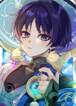 1boy anemo_symbol_(genshin_impact) animal animal_on_shoulder aqua_gemstone bird bird_on_hand bird_on_shoulder black_bodysuit blue_cape blue_hat blue_kimono blue_sky blunt_ends bodysuit border cape closed_mouth cloud cloudy_sky expressionless eyeliner eyeshadow gem genshin_impact glowing_gem gold gold_trim grey_pupils hair_intakes hand_up hat highres japanese_clothes jingasa juban kimono lens_flare looking_at_viewer makeup male_focus mandarin_collar open_clothes open_kimono pom_pom_(clothes) portrait purple_eyes purple_hair red_eyeliner red_eyeshadow rei_(sss35_ss3) scaramouche_(genshin_impact) shoulder_peek sky solo tsurime wanderer_(genshin_impact) white_border white_kimono wispy_bangs