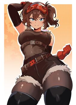 1girl absurdres artist_name bare_shoulders belt black_boots blue_eyes boots border breasts brown_belt brown_hair brown_pantyhose brown_shirt brown_shorts closed_mouth commentary cowboy_shot fortnite fur-trimmed_shorts fur_trim gloves goggles goggles_on_head highres large_breasts looking_at_viewer master67silver orange_background outline outside_border pantyhose pantyhose_under_shorts red_gloves shirt short_shorts shorts sleeveless sleeveless_shirt smile solo the_machinist_(fortnite) thigh_boots white_border white_outline