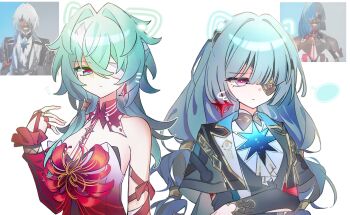 Rule 34 | 1boy, 1girl, anaxa (honkai: star rail), bandage over one eye, bare shoulders, black jacket, breasts, chinese commentary, closed mouth, commentary request, cosplay, costume switch, crossed arms, crossover, drawn ears, dress, earrings, eyepatch, genderswap, genderswap (ftm), genderswap (mtf), grey eyes, hair between eyes, hair intakes, halter dress, halterneck, hand up, highres, honkai: star rail, honkai (series), jacket, jewelry, jiekuijiangshadaonijiamenkou, long hair, looking at viewer, medium breasts, photo inset, phrolova (wuthering waves), red dress, upper body, wuthering waves