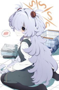 1girl absurdres blue_archive blue_shirt blush brown_eyes brown_halo brown_ribbon collared_shirt diagonal-striped_ribbon dress floor folded_clothes grey_hair grey_shirt hair_ornament hair_over_one_eye halo highres kanoe_(blue_archive) long_hair long_sleeves looking_at_viewer multicolored_eyes pantyhose pinafore_dress rei_hinasuki ribbon shirt simple_background sitting sleeveless sleeveless_dress solo two-tone_eyes two_side_up very_long_hair white_background white_shirt