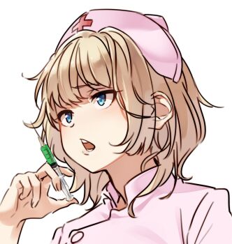 1girl blonde_hair blue_eyes blush cross hat highres holding holding_syringe kakaobataa nurse nurse_cap open_mouth original pink_hat portrait red_cross short_hair solo syringe teeth white_background