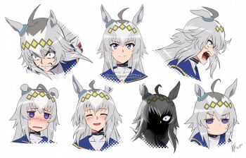 ahoge animal_ears blue_eyes clenched_teeth closed_mouth commentary grey_hair highres horse_ears horse_girl long_hair mergeritter multiple_expressions oguri_cap_(starlight_beat)_(umamusume) oguri_cap_(umamusume) open_clothes open_mouth portrait sailor_collar shirt simple_background smile sweat teeth umamusume white_background white_shirt