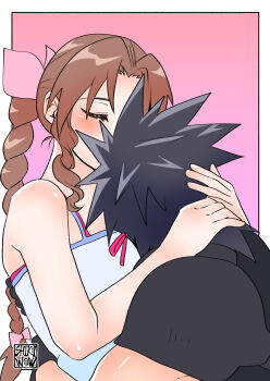 1boy 1girl aerith_gainsborough armor bare_arms bare_shoulders black_hair blush border braid braided_ponytail breast_pillow brown_hair closed_eyes commentary_request couple crisis_core:_final_fantasy_vii final_fantasy final_fantasy_vii gradient_background hair_ribbon hand_on_another&#039;s_head highres hug long_hair outside_border parted_bangs pink_background pink_ribbon ponytail ribbon shikiwo shoulder_armor signature spiked_hair white_border zack_fair