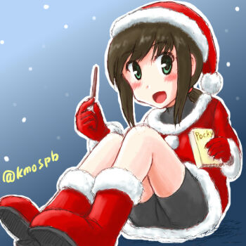 Rule 34 | 1girl, black bodysuit, black hair, bodysuit, boots, breasts, coat, fubuki (kancolle), fur-trimmed boots, fur-trimmed coat, fur-trimmed headwear, fur trim, gloves, green eyes, hat, kantai collection, kotobuki (kmo), low ponytail, medium breasts, ponytail, red boots, red coat, red gloves, red hat, santa costume, santa hat, sidelocks, solo, twitter username