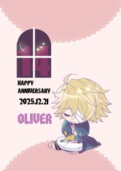1boy bandage_over_one_eye barefoot bird blonde_hair blue_coat character_name chibi chibi_only closed_eyes closed_mouth coat commentary dated english_commentary full_body hair_between_eyes happy_anniversary highres james_(vocaloid) mahiruno male_focus oliver_(vocaloid) shirt smile solo star_(symbol) u_u vocaloid white_shirt