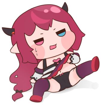 1girl annoyed arrivedcold artstyle_imitation black_panties blue_eyes cameltoe chibi clothes_lift dress flashing hololive hololive_english horns irys_(hololive) legs_up lifting_own_clothes long_hair navel panties pink_eyes skirt skirt_lift solo solo_focus thighhighs underwear virtual_youtuber