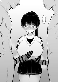 1girl 2boys absurdres bar_censor blush breasts censored completely_nude cowboy_shot gradient_background grin highres huge_breasts large_penis long_hair miniskirt multiple_boys nude original penis pleated_skirt ponytail shirt skirt smile speech_bubble sweat teeth toru_nagase