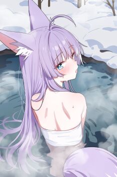 1girl ahoge animal_ear_fluff animal_ears artist_request bathing blue_eyes blush choppy_bangs commentary_request day fox_ears fox_girl fox_tail from_behind hair_intakes heterochromia highres korean_commentary long_hair looking_back median_furrow naked_towel onsen open_mouth outdoors partially_submerged purple_hair second-party_source snow solo steam stellive straight_hair tail tenko_shibuki towel turning_head virtual_youtuber water water_drop wet yellow_eyes