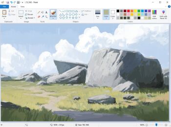 art_program_in_frame boulder christian_young cliff cloud cloudy_sky commentary grass landscape microsoft_paint_(medium) microsoft_paint_(software) no_humans original outdoors painterly path road rock scenery screencap sky