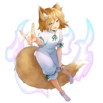 1girl animal_ears blonde_hair fox_ears fox_girl fox_shadow_puppet fox_tail full_body game_cg green_ribbon hair_between_eyes hakurei_frontier_spell_strive kudamaki_tsukasa looking_at_viewer official_art open_mouth ribbon romper short_sleeves smile socks solo tail take_no_ko_(4919400) test_tube third-party_source touhou transparent_background white_romper white_socks yellow_eyes