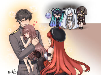 1boy 5girls aqua_hair armpit_cutout aura bare_shoulders black_bodysuit black_choker black_hair blonde_hair blue_eyes blush bodysuit breasts broken_mask brown_hair bubble choker cinderella_(nikke) cleavage cloak closed_mouth clothing_cutout colored_inner_hair commander_(nikke) commentary cutout_below_navel dark_aura english_commentary folded_hair gloves goddess_of_victory:_nikke grave_(nikke) hair_between_eyes hair_intakes hair_over_one_eye halterneck highres hood hooded_cloak hoshiberuu hospital_gown jacket large_breasts leg_cutout little_mermaid_(nikke) long_hair mask military_jacket military_uniform multicolored_hair multiple_girls off_shoulder official_alternate_design official_alternate_hair_color old_tales_(nikke) one_eye_covered only_one_(nikke) open_mouth rapi_(nikke) rapi_(red_hood)_(nikke) red_eyes red_hair see-through_bodysuit see-through_cleavage see-through_clothes sidelocks smile twintails very_long_hair white_bodysuit white_gown white_hair yellow_eyes