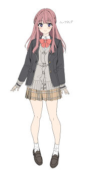 1girl black_jacket blue_eyes blush bow breasts cardigan closed_mouth collared_shirt commentary_request full_body grey_cardigan highres jacket long_hair long_sleeves looking_at_viewer open_clothes open_jacket orange_bow original pink_hair pleated_skirt school_uniform shirt shoes simple_background skirt smile socks solo unasaka_ryou white_background white_shirt white_socks