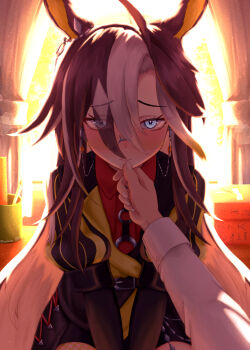 1girl absurdres ahoge animal_ears arms_between_legs belt black_belt black_shorts blonde_hair blue_eyes blush brown_hair closed_mouth coat collared_shirt commentary curtains darkrua desk dream_journey_(reminder_of_dreamland)_(umamusume) dream_journey_(umamusume) elbow_gloves english_commentary fishnet_pantyhose fishnets glasses gloves grabbing_another's_chin hair_over_one_eye hand_on_another's_chin highres horse_ears horse_girl long_hair long_sleeves looking_at_viewer multicolored_hair on_desk pantyhose puffy_sleeves red_shirt shirt shorts sitting umamusume very_long_hair white_hair