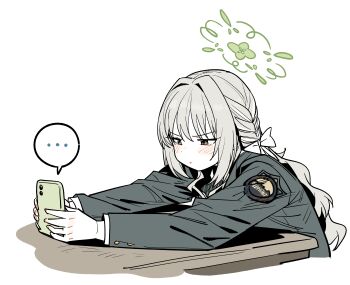 ... 1girl :t absurdres blazer blue_archive blush_stickers braid brown_eyes cellphone closed_mouth commentary cropped_torso desk green_halo grey_hair grey_jacket hair_intakes hair_ribbon halo highres holding holding_phone jacket long_hair long_sleeves looking_at_phone miyo_(blue_archive) outstretched_arms phone pout ribbon ribbon_braid school_uniform side_braid sidelocks simple_background smartphone solo speech_bubble spoken_ellipsis v-shaped_eyebrows wavy_hair white_background wujurana