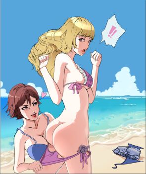 2girls ass beach bikini blonde_hair blue_eyes breasts brown_eyes brown_hair butt_crack cleavage cloud embarrassed emilie_de_rochefort floral_print flower frills gluteal_fold heart interracial kazama_asuka large_breasts long_hair looking_at_another medium_breasts multiple_girls ocean outdoors sand short_hair side-tie_bikini_bottom side-tie_swimsuit sideboob sky speech_bubble straight_bangs straight_hair sunbeam_(artist) swimsuit tekken tongue tongue_out underboob undressing_another water yuri