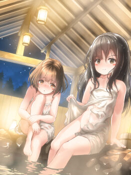 2girls bare_shoulders barefoot black_hair blush_stickers bob-cut_neighbor_girl_(tachiinu) brown_eyes brown_hair clothes_lift commentary_request feet flashing groin head_on_own_knee inu_no_huguri knee_up lantern lifting_own_clothes loli long-haired_neighbor_girl_(tachiinu) long_hair looking_at_viewer multiple_girls naked_towel night onsen original outdoors short_hair smile soaking_feet steam stomach thighs toes towel towel_lift water wet wet_towel
