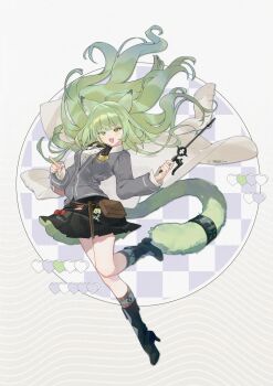 1girl :3 absurdres alternate_costume alternate_hair_length alternate_hairstyle animal_ears arknights artist_name black_boots black_skirt blush boots bow brown_bag buttons charm_(object) checkered_background collared_shirt eru_daydream gradient_background green_eyes green_hair green_socks grey_jacket harmonie_(arknights) heart highres holding holding_rod index_finger_raised infection_monitor_(arknights) jacket lab_coat leg_up long_hair long_sleeves open_mouth pin red_bow rod shirt single_tooth skirt socks solo sticker tail waist_bag wavy_background white_shirt