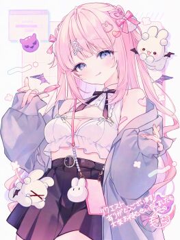 1girl animal_ears bag bandaid bare_shoulders black_skirt blue_eyes bow braid breasts cleavage closed_mouth commentary_request crop_top hair_bow hair_ornament hairclip handbag heart highres holding jacket jirai_kei komomo_(2899) long_hair long_sleeves looking_at_viewer medium_breasts off_shoulder open_clothes open_jacket original pink_hair pink_nails pleated_skirt sensitive shirt shoulder_bag skirt sleeveless sleeveless_shirt sleeves_past_wrists smile solo tongue tongue_out virtual_youtuber white_shirt wings