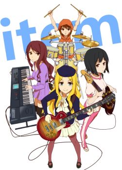 &gt;:) 4girls age_difference arms_up bare_arms beret black_hair black_shoes black_thighhighs blonde_hair blue_eyes blue_hat breasts brown_eyes brown_hair brown_pantyhose cable closed_mouth collared_shirt commentary_request dress drum drum_set drumsticks electric_guitar expressionless frenda_seivelun full_body guitar gym_shirt hand_up hat holding holding_drumsticks holding_guitar holding_instrument hood hood_up hooded_vest hoodie inomata_mamoru instrument item_(toaru) k-on! kinuhata_saiai long_hair long_sidelocks long_sleeves looking_at_viewer medium_breasts medium_hair miniskirt mugino_shizuri multiple_girls orange_hoodie pants pantyhose parted_lips pink_pants pleated_skirt purple_dress shirt shoes short_dress short_hair short_shorts short_sleeves shorts sidelocks simple_background sitting skirt sleeveless sleeveless_hoodie sneakers standing synthesizer takitsubo_rikou textless_version thighhighs toaru_kagaku_no_railgun toaru_kagaku_no_railgun_s toaru_majutsu_no_index track_pants v-shaped_eyebrows vest wavy_hair white_background white_shirt zettai_ryouiki