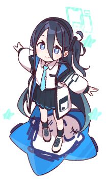 1girl aris_(blue_archive) black_hair black_skirt black_socks blue_archive blue_necktie blush closed_mouth collared_shirt commentary_request doodle_sensei_(blue_archive) double-parted_bangs full_body green_halo hair_between_eyes halo highres jacket long_hair long_hair_between_eyes long_sleeves looking_at_viewer necktie one_side_up open_clothes open_jacket pleated_skirt rectangular_halo sensei_(blue_archive) shirt shoes simple_background skirt smile sneakers socks solo standing star_(symbol) white_background white_jacket white_shirt white_shoes yoru_nai