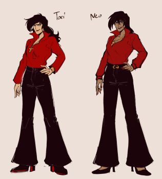2girls bell-bottoms black_hair black_pants cross cross_necklace dark-skinned_female dark_skin dual_persona full_body genderswap genderswap_(mtf) getter_robo hand_on_own_hip high_collar high_heels highres jewelry jin_hayato lipstick long_hair long_sleeves makeup multiple_girls necklace new_getter_robo pants parted_lips red_lips red_shirt shirt sinita smile smirk standing