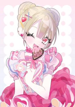 1girl aegyo_sal blonde_hair bow candy commentary_request double_bun dress fang food frilled_dress frills gloves hair_bun hair_ornament heart heart_hair_ornament highres holding holding_candy holding_food holding_lollipop lollipop looking_at_viewer mimu_togari one_eye_closed original pink_dress pink_eyes puffy_short_sleeves puffy_sleeves short_hair short_sleeves skin_fang solo white_gloves