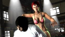10s 1boy 1girl 3d alternate_costume animated bikini black_hair blue_eyes breasts checkered_bikini checkered_clothes cleavage dead_or_alive dead_or_alive_5 dead_or_alive_5_last_round death dutch_angle gym indoors lights long_sleeves looking_at_another matching_hair/eyes medium_breasts midriff mila_(doa) multicolored_bikini multicolored_hair murder navel neck_snap red_bikini red_eyes red_hair rusk_joel ruskjoel shirt short_hair side-tie_bikini_bottom sitting solo_focus source_filmmaker_(medium) standing swimsuit tecmo two-tone_hair uncensored video white_bikini white_shirt wrestling_ring
