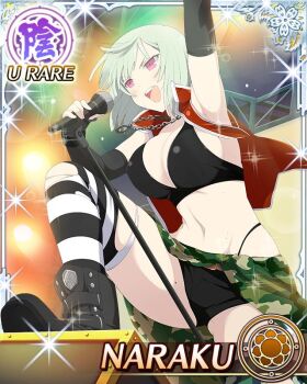 1girl :o arm_up bikini black_bikini black_boots black_thighhighs bob_cut boots border breasts camouflage camouflage_skirt card_(medium) chain chain_necklace character_name cleavage elbow_gloves fingerless_gloves game_cg gloves green_hair holding holding_microphone jewelry large_breasts leg_up medium_hair microphone microphone_stand mole mole_on_thigh naraku_(senran_kagura) navel necklace official_art open_clothes open_mouth open_vest pink_eyes red_vest senran_kagura senran_kagura_new_wave skirt solo stage stage_lights striped_clothes striped_thighhighs swimsuit teeth thighhighs third-party_source torn_clothes torn_thighhighs upper_teeth_only vest