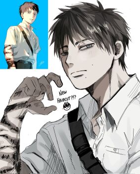 black_hair closed_mouth collared_shirt commentary crossbody_bag english_commentary grey_eyes highres hikaru_ga_shinda_natsu jiyunnfroggii looking_at_viewer male_focus mole mole_on_cheek mole_under_eye mole_under_mouth multiple_moles official_alternate_hairstyle pocket reference_inset scar scar_on_arm shirt short_hair slit_pupils tsujinaka_yoshiki upper_body white_shirt