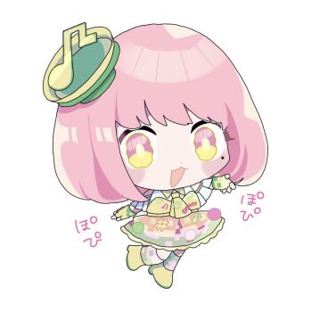 Rule 34 | 1girl, bare shoulders, belt, blue eyes, chibi, commentary, fingerless gloves, gloves, hair ornament, hat, kamen rider, kamen rider ex-aid (series), looking at viewer, musical note, necktie, open mouth, pink hair, poppi pipopapo, red eyes, short hair, smile, socks, solo, tanikomotimoti, white background