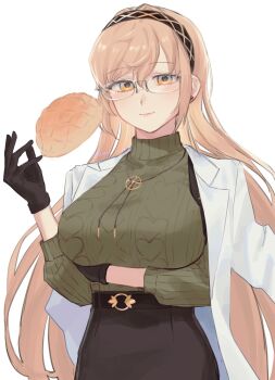 Rule 34 | belt, black gloves, blonde hair, bread, breasts, coat, commentary request, demeter (fate), demeter (second ascension) (fate), fate/grand order, fate (series), food, glasses, gloves, green shirt, highres, lab coat, large breasts, long hair, looking at viewer, melon bread, open clothes, open coat, shirt, skirt, sweater, unami 1o7, yellow eyes