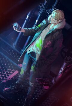 Rule 34 | 1boy, absurdres, ahoge, america (hetalia), axis powers hetalia, black boots, black jacket, black mask, black ribbon, blonde hair, blue eyes, blue pants, boots, closed mouth, collarbone, commentary request, denim, dirty, dirty clothes, fingernails, full body, fur-trimmed jacket, fur trim, glasses, grey-framed eyewear, hair between eyes, hand in pocket, highres, holding, holding mask, jacket, long sleeves, looking at viewer, male focus, mask, npyon, open clothes, open jacket, paint splatter, pants, ribbon, semi-rimless eyewear, shirt, short hair, sign, smile, solo, standing, t-shirt, torn clothes, torn pants, torn shirt, warning sign, white shirt