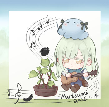 1girl absurdres acoustic_guitar bang_dream! bang_dream!_it's_mygo!!!!! boots brown_boots character_name chinese_commentary closed_mouth commentary_request cucumber_plant dated green_hair guitar hair_ornament hairclip highres instrument long_hair music octopus plant playing_guitar playing_instrument potted_plant qm_dvn togawa_sakiko wakaba_mutsumi yellow_eyes