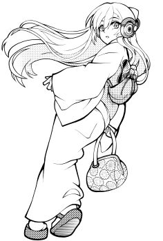 1girl absurdres alternate_costume bag decorator from_behind full_body greyscale handbag headphones highres japanese_clothes kimono long_hair looking_at_viewer looking_back monochrome monster_strike neo_(monster_strike) open_mouth sandals simple_background solo white_background wide_sleeves zouri