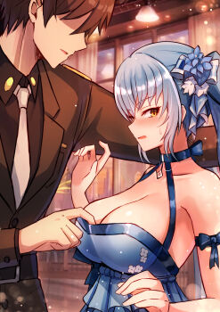 1boy 1girl absurdres blue_dress blue_eyes blue_hair blush breasts brown_eyes brown_hair cleavage clothes_pull commander_(nikke) dress dress_pull embarrassed faceless faceless_male formal_clothes goddess_of_victory:_nikke highres indoors jimpu6 large_breasts long_sleeves looking_to_the_side military_uniform necktie open_mouth privaty_(banquet_princess)_(nikke) privaty_(nikke) short_hair sidelocks suit sweatdrop white_necktie