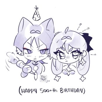 Rule 34 | 1boy, 1girl, ahoge, animal ears, arrow (symbol), artist name, bare shoulders, blunt ends, bodysuit, bow, brooch, carrot, cat boy, cat ears, circle hands, closed mouth, commentary, cropped torso, dotted line, ear piercing, earrings, english commentary, eyelashes, eyeliner, eyeshadow, floating hat, food, foxtrot (foxtrot xx), genshin impact, hair between eyes, hair bow, hair intakes, hair ornament, hand up, happy birthday, hat, highres, holding, holding carrot, holding food, holding vegetable, jewelry, light blush, long hair, looking at viewer, makeup, mandarin collar, mona (genshin impact), monochrome, party hat, piercing, purple eyeliner, purple eyes, purple eyeshadow, red eyeliner, red eyeshadow, scaramouche (genshin impact), shooting star hair ornament, short eyebrows, sidelocks, slit pupils, star-shaped pupils, star (symbol), star brooch, star earrings, star hair ornament, symbol-shaped pupils, tsurime, twintails, v-shaped eyebrows, vegetable, wispy bangs