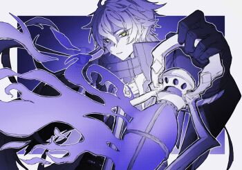 1boy coat commentary_request crossed_bangs fire flins_(genshin_impact) genshin_impact gloves hair_between_eyes highres holding holding_lantern lantern looking_at_viewer male_focus multicolored_hair parted_lips purple_theme simple_background solo suii_ii00 twitter_username upper_body yellow_eyes