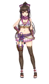 1girl absurdres akasaai arm_guards armor blush bow breasts brown_gloves brown_hair cleavage commentary_request fishnet_thighhighs fishnets floral_print flower full_body gloves hair_bow hair_flower hair_ornament hand_on_own_hip high_ponytail highres holster japanese_clothes long_hair looking_at_viewer midriff navel ninja ninnindays open_mouth ponytail sandals scarf shiny_clothes shiny_skin simple_background skirt sleeveless smile solo standing stomach sumire_(ninnindays) tachi-e thigh_holster thighhighs toeless_legwear toenails toes transparent_background zettai_ryouiki