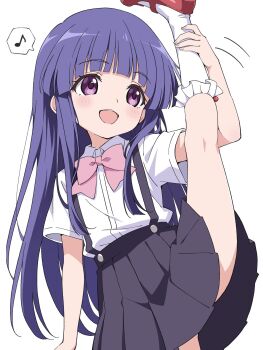 1girl :d black_skirt blunt_bangs blush bow bowtie collared_shirt commentary_request flexible frilled_socks frills furude_rika highres higurashi_no_naku_koro_ni long_hair mary_janes musical_note niyane open_mouth pink_bow pink_bowtie pleated_skirt purple_eyes purple_hair red_shoes shirt shoes short_sleeves simple_background skirt smile socks solo split spoken_musical_note standing standing_on_one_leg standing_split suspender_skirt suspenders white_shirt white_socks