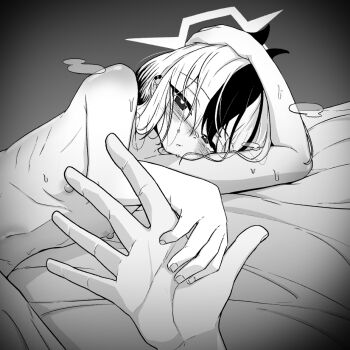 1boy 1girl 743_(743rd_bat) blue_archive blush commentary greyscale halo hand_grab hand_on_own_head hetero horns kayoko_(blue_archive) long_hair looking_at_viewer lying monochrome nipples on_side parted_lips pov pov_hands solo_focus symbol-only_commentary
