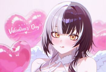 Rule 34 | 1girl, :q, absurdres, anska, balloon, bare shoulders, black hair, blush, commentary, earrings, english commentary, english text, grey hair, happy valentine, heart, heart balloon, heart earrings, highres, hololive, hololive english, jewelry, long hair, looking at viewer, multicolored hair, paid reward available, portrait, ranguage, shiori novella, solo, sparkling eyes, split-color hair, tongue, tongue out, two-tone hair, virtual youtuber, white wings, wings, yellow eyes